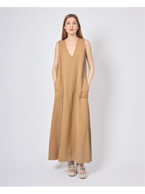 Manila Grace Women's Long Dress in Linen V-Neck MANILA GRACE | A013RUMA635